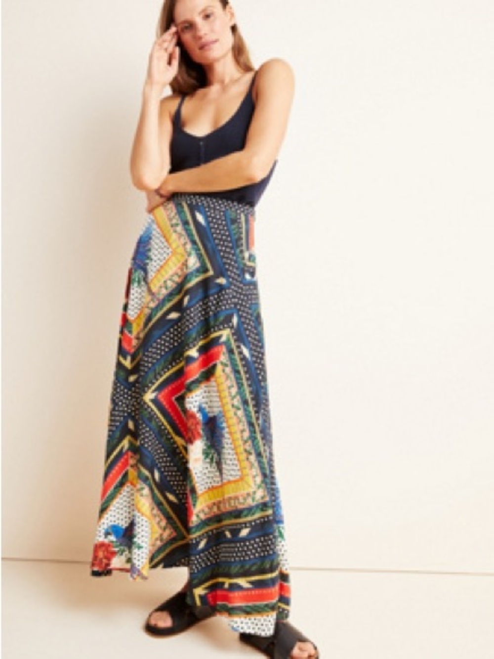 Anthropologie x Farm Rio Black Multi-Pattern Maxi Skirt with Floral Accents